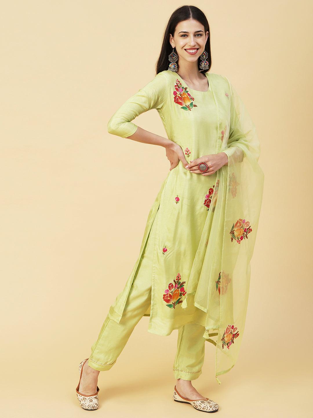 Floral Hand Painted Kantha Embroidered Kurta With Pants & Hand Painted Dupatta - Lime Green - Indiakreations