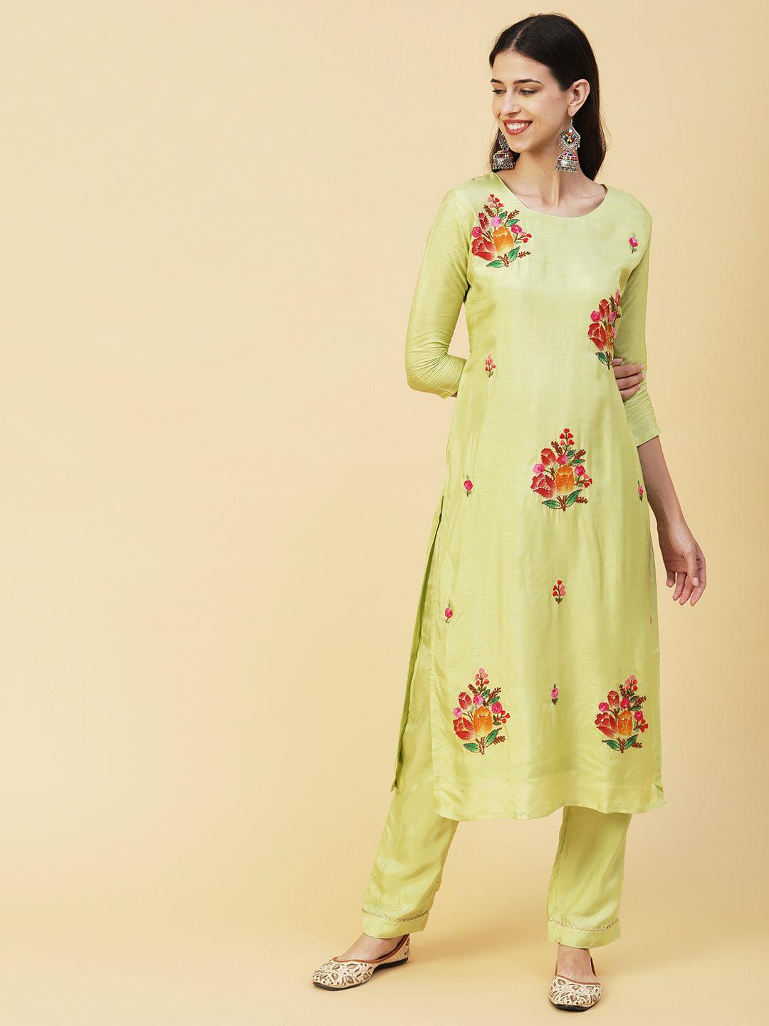 Floral Hand Painted Kantha Embroidered Kurta With Pants & Hand Painted Dupatta - Lime Green - Indiakreations