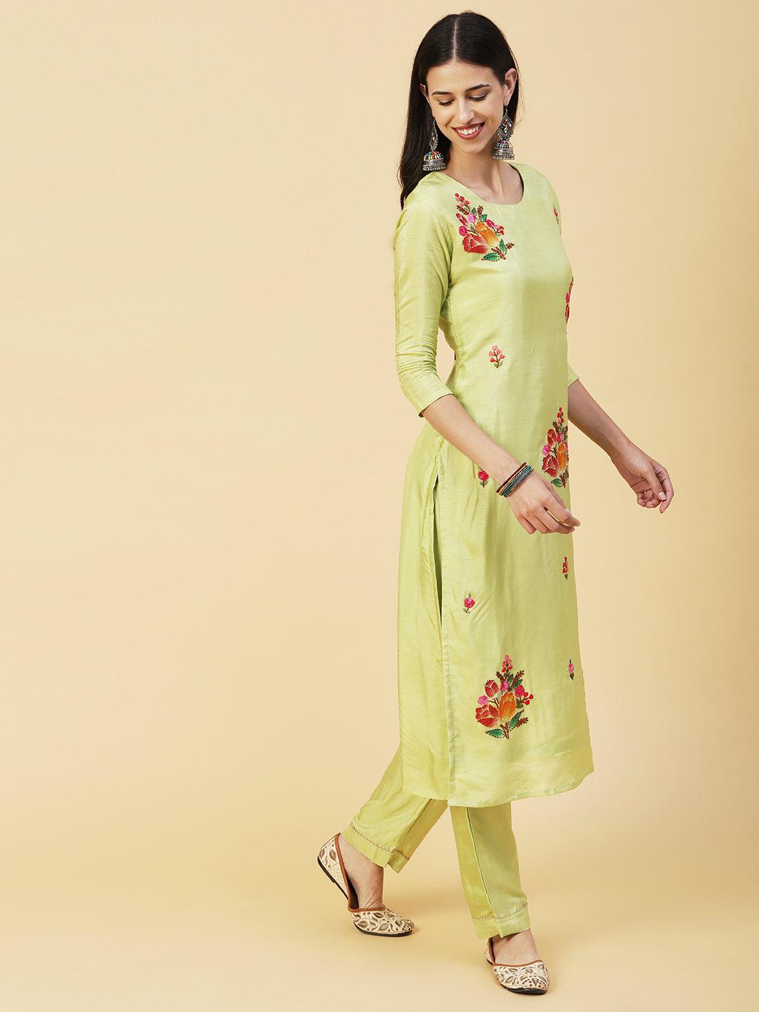 Floral Hand Painted Kantha Embroidered Kurta With Pants & Hand Painted Dupatta - Lime Green - Indiakreations