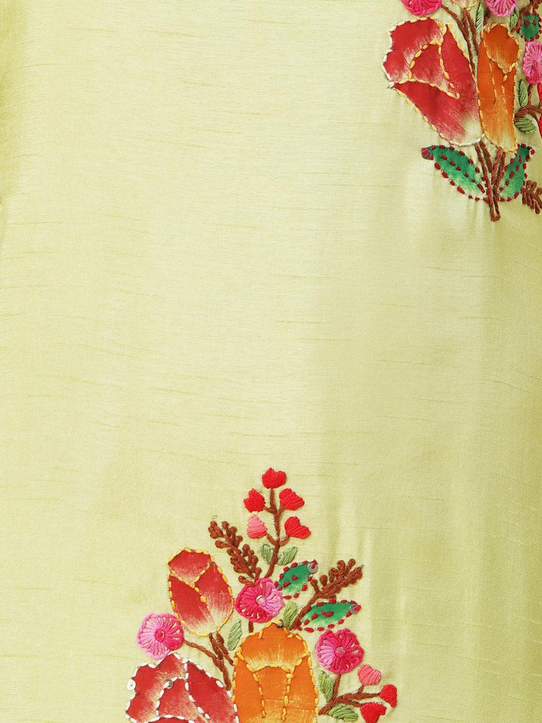 Floral Hand Painted Kantha Embroidered Kurta With Pants & Hand Painted Dupatta - Lime Green - Indiakreations