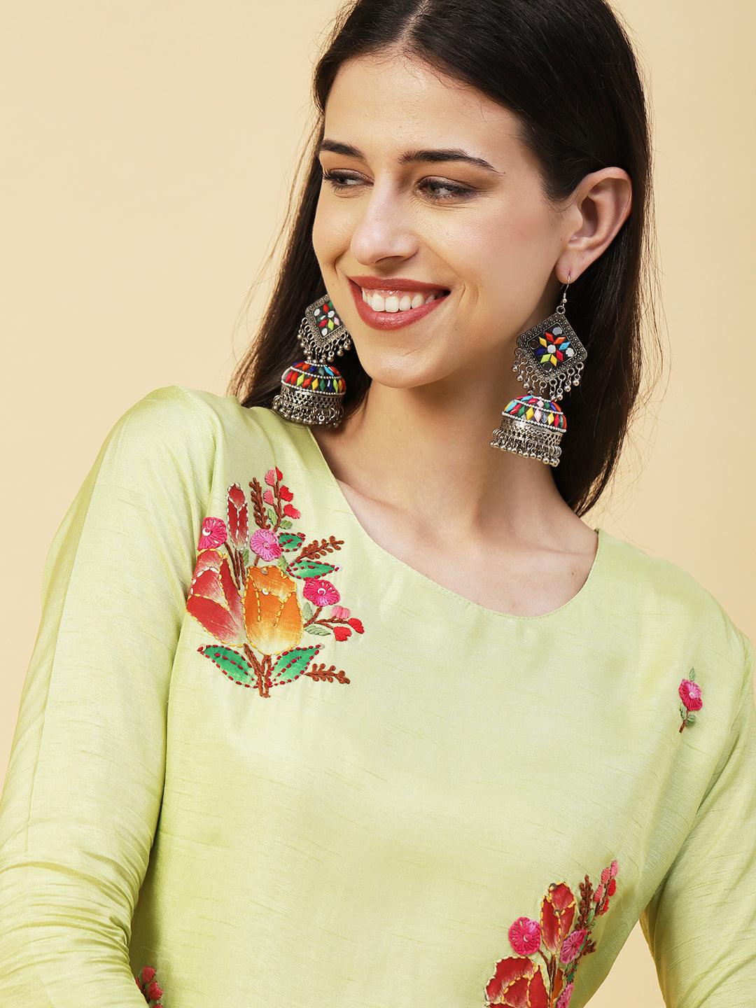 Floral Hand Painted Kantha Embroidered Kurta With Pants & Hand Painted Dupatta - Lime Green - Indiakreations