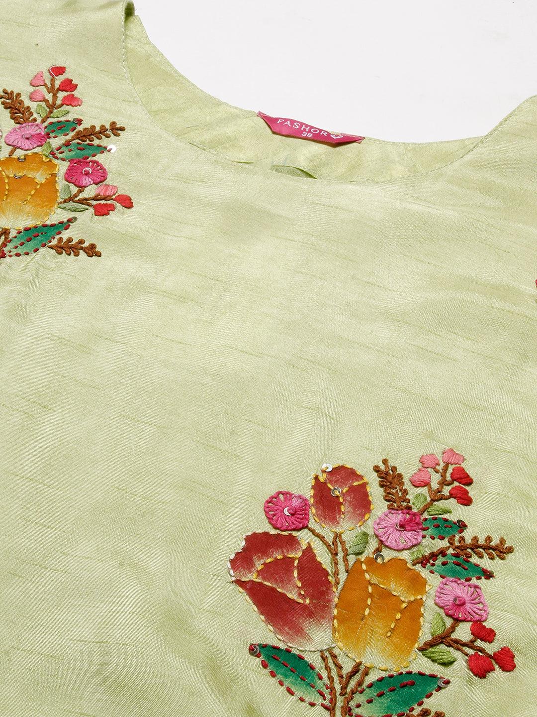 Floral Hand Painted Kantha Embroidered Kurta With Pants & Hand Painted Dupatta - Lime Green - Indiakreations