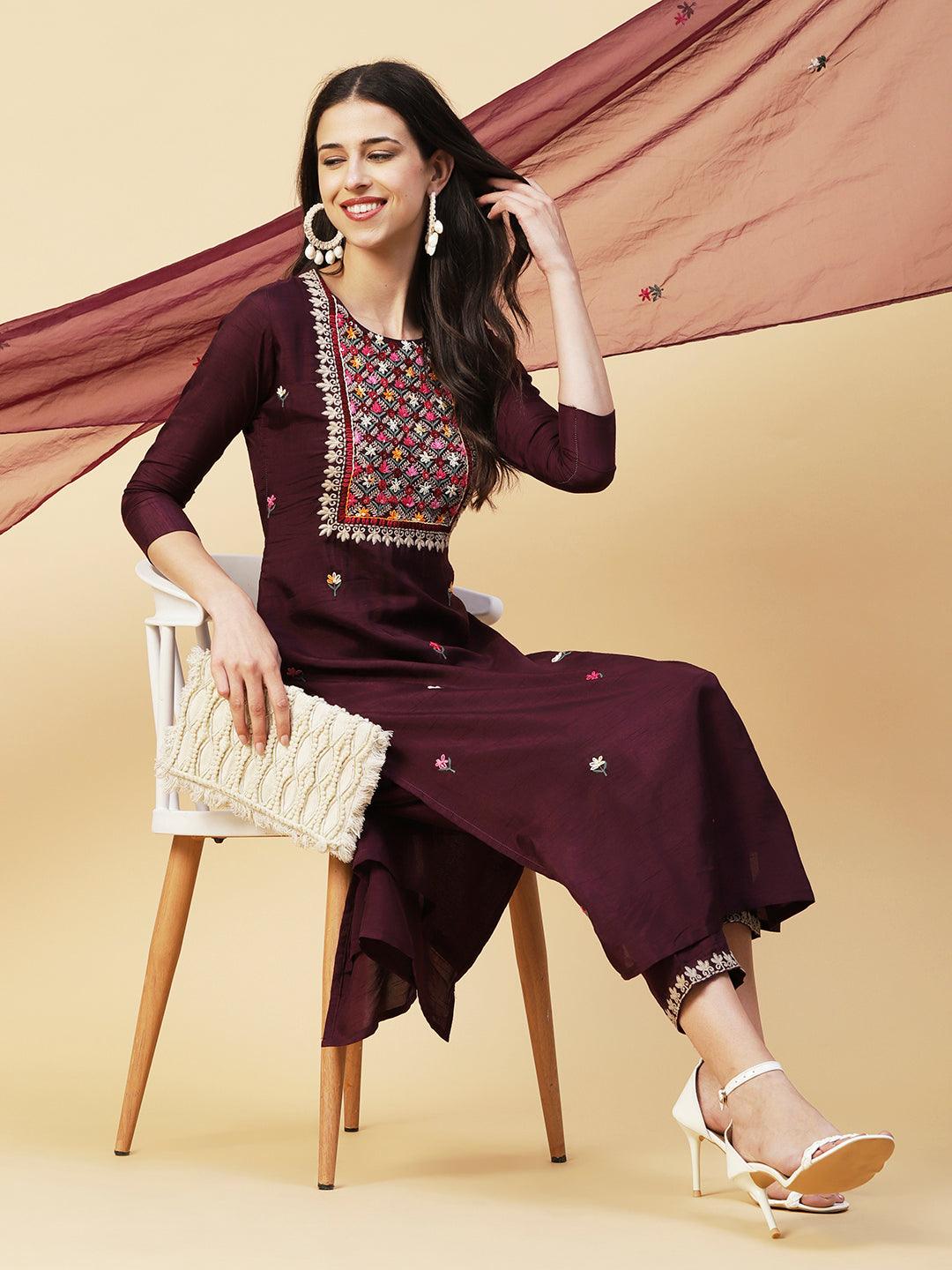 Ethnic Hand Embroidered Straight Kurta with Pant & Dupatta - Deep Purple - Indiakreations