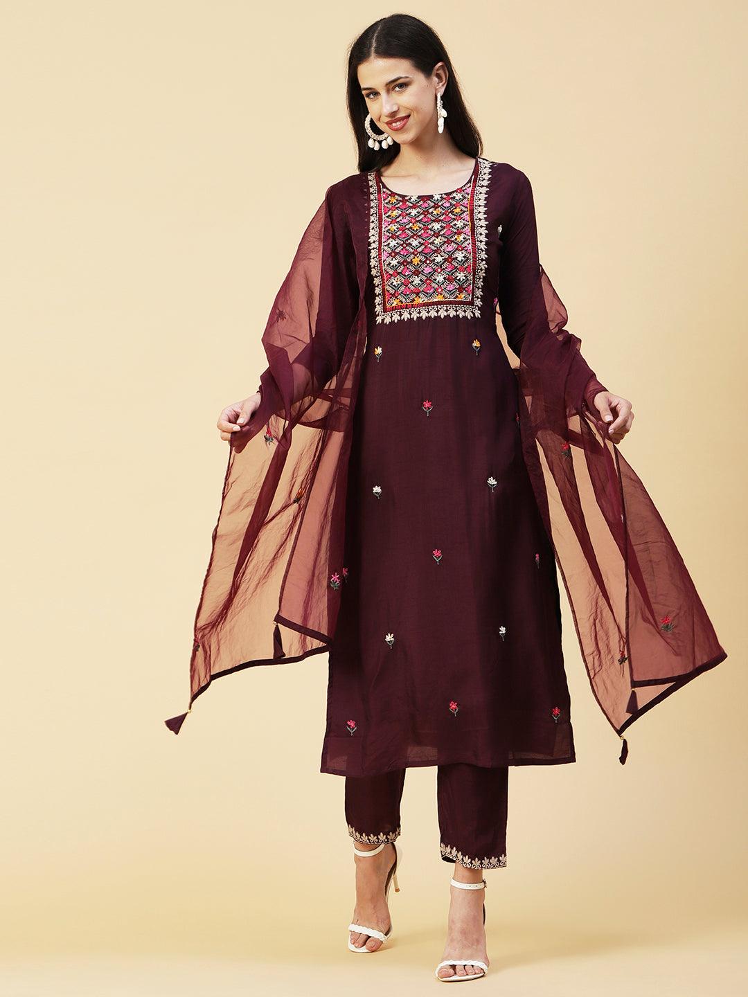 Ethnic Hand Embroidered Straight Kurta with Pant & Dupatta - Deep Purple - Indiakreations