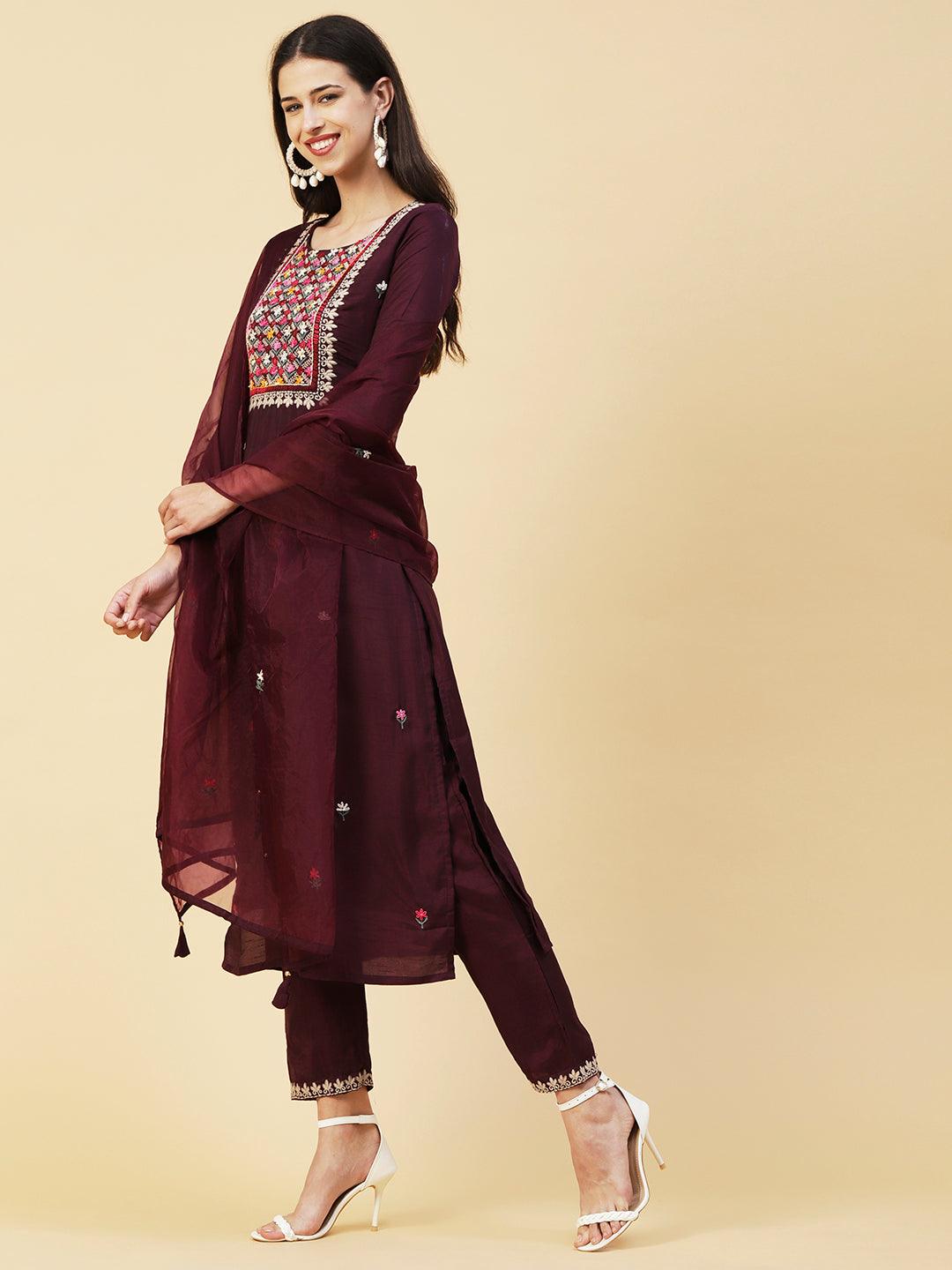 Ethnic Hand Embroidered Straight Kurta with Pant & Dupatta - Deep Purple - Indiakreations