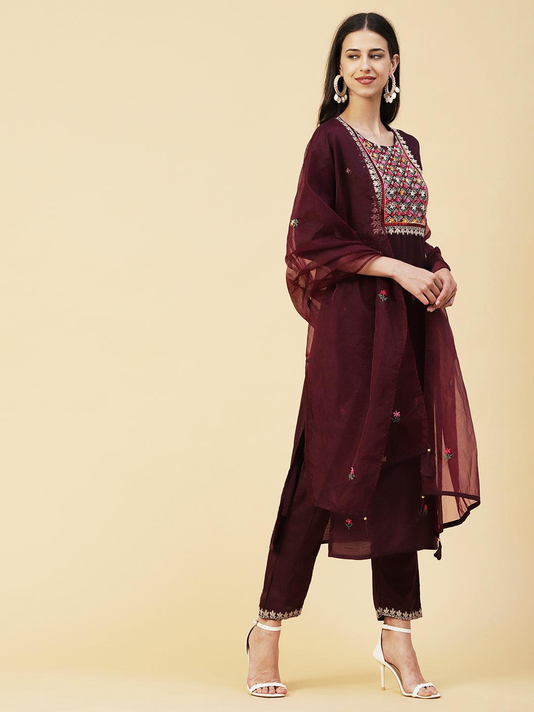 Ethnic Hand Embroidered Straight Kurta with Pant & Dupatta - Deep Purple - Indiakreations