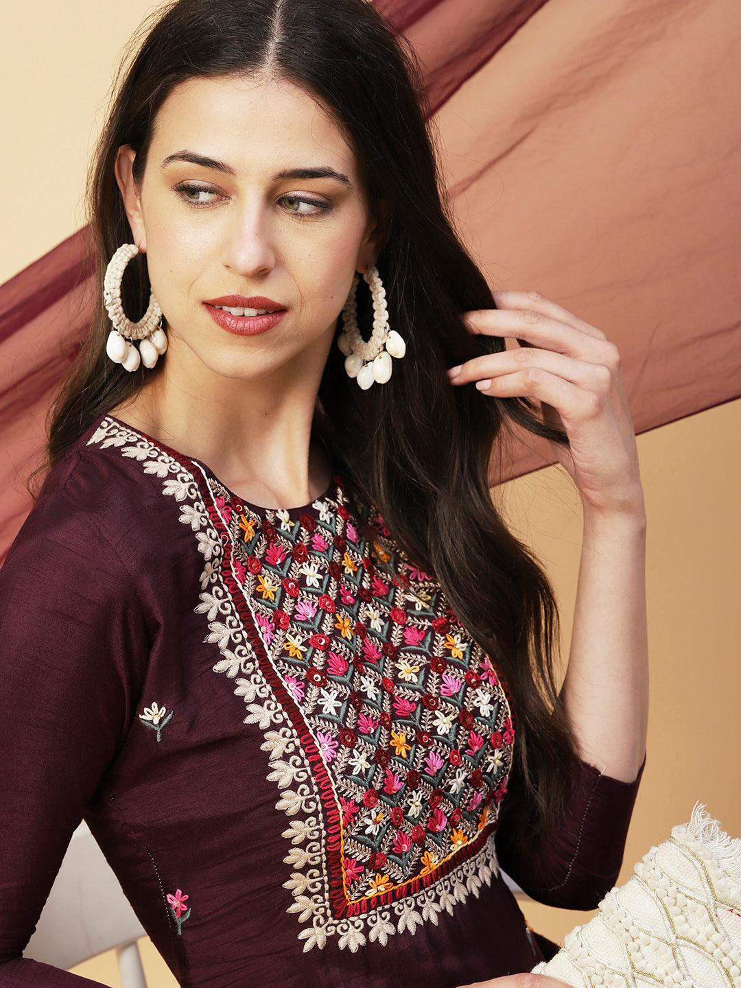 Ethnic Hand Embroidered Straight Kurta with Pant & Dupatta - Deep Purple - Indiakreations