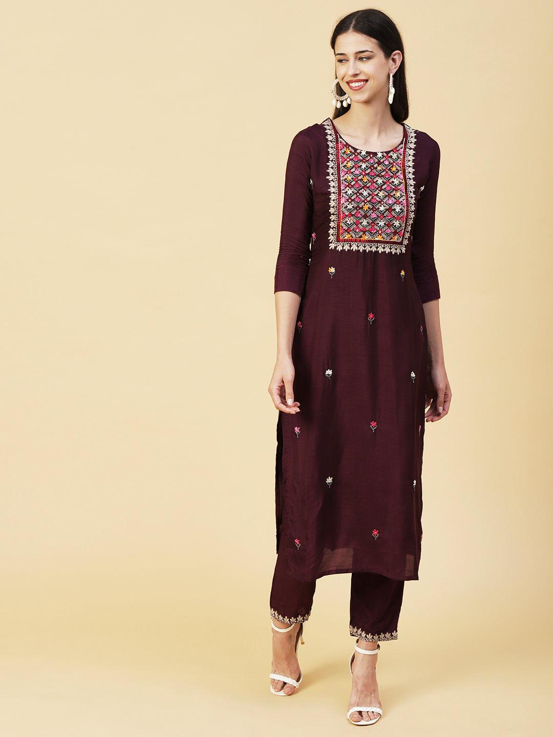 Ethnic Hand Embroidered Straight Kurta with Pant & Dupatta - Deep Purple - Indiakreations