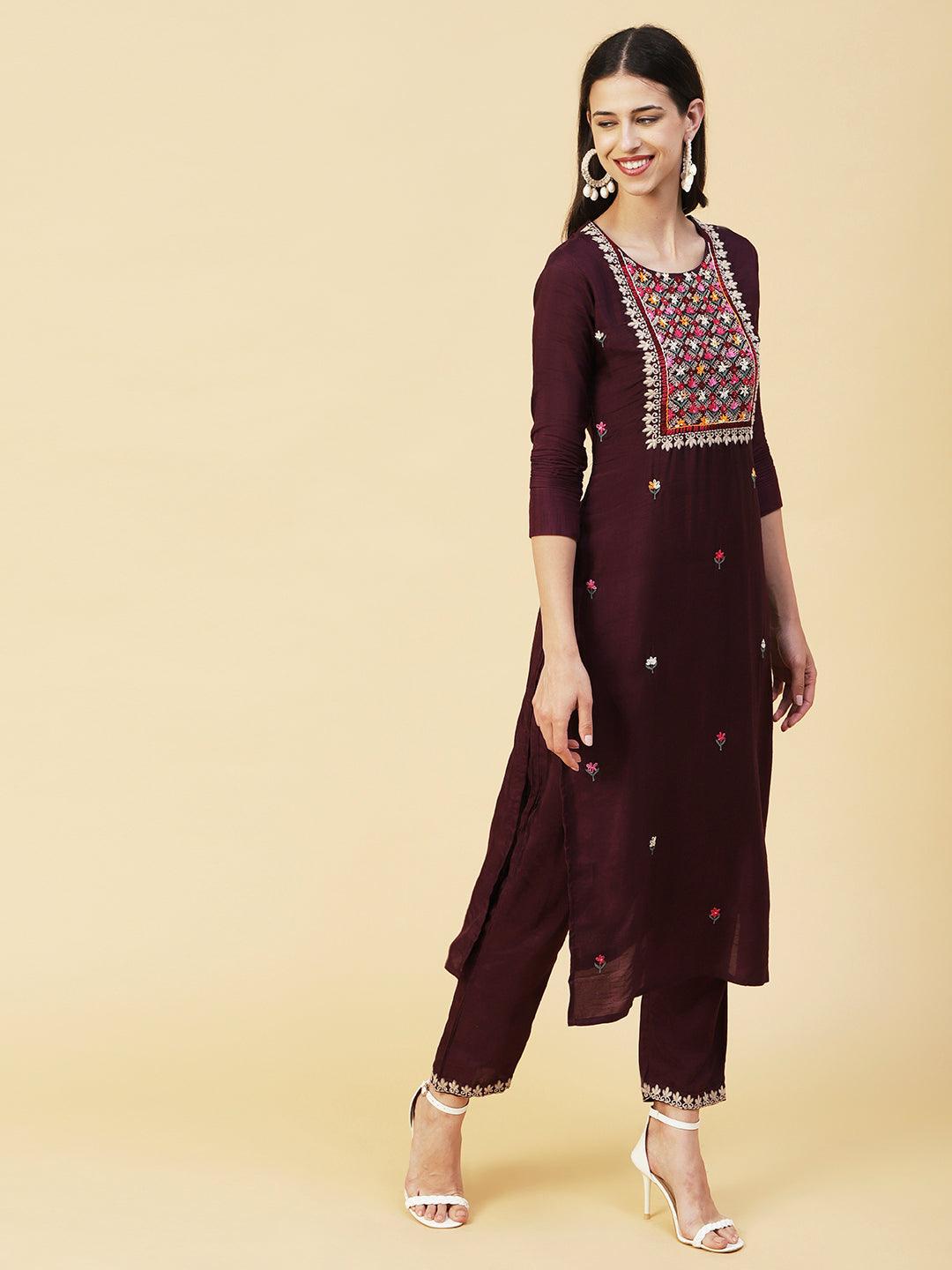 Ethnic Hand Embroidered Straight Kurta with Pant & Dupatta - Deep Purple - Indiakreations