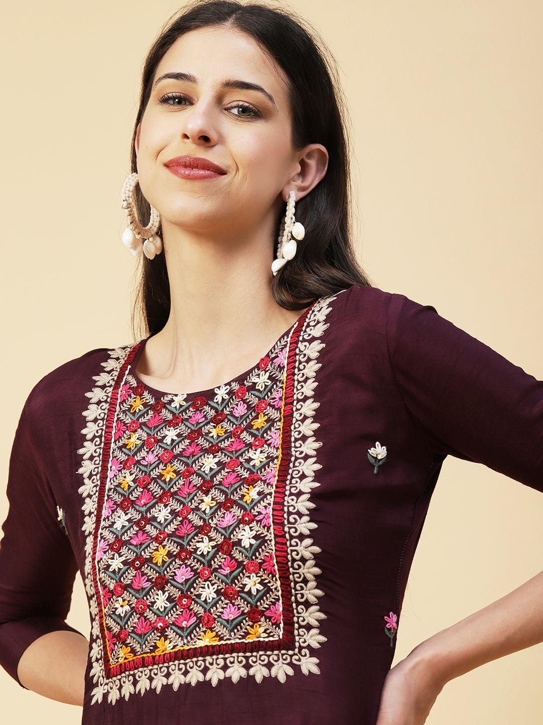 Ethnic Hand Embroidered Straight Kurta with Pant & Dupatta - Deep Purple - Indiakreations