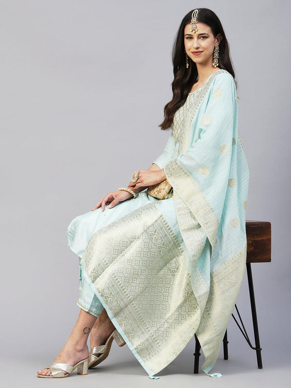 Solid Zardozi Embroidered Kurta With Pants & Jacquard Zari Dupatta - Pastel Sea Green - Indiakreations