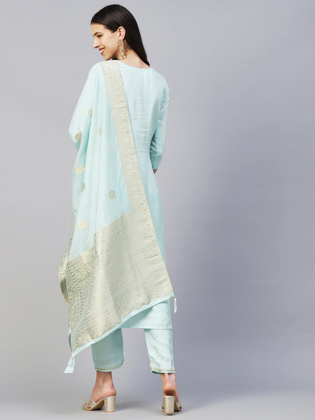 Solid Zardozi Embroidered Kurta With Pants & Jacquard Zari Dupatta - Pastel Sea Green - Indiakreations