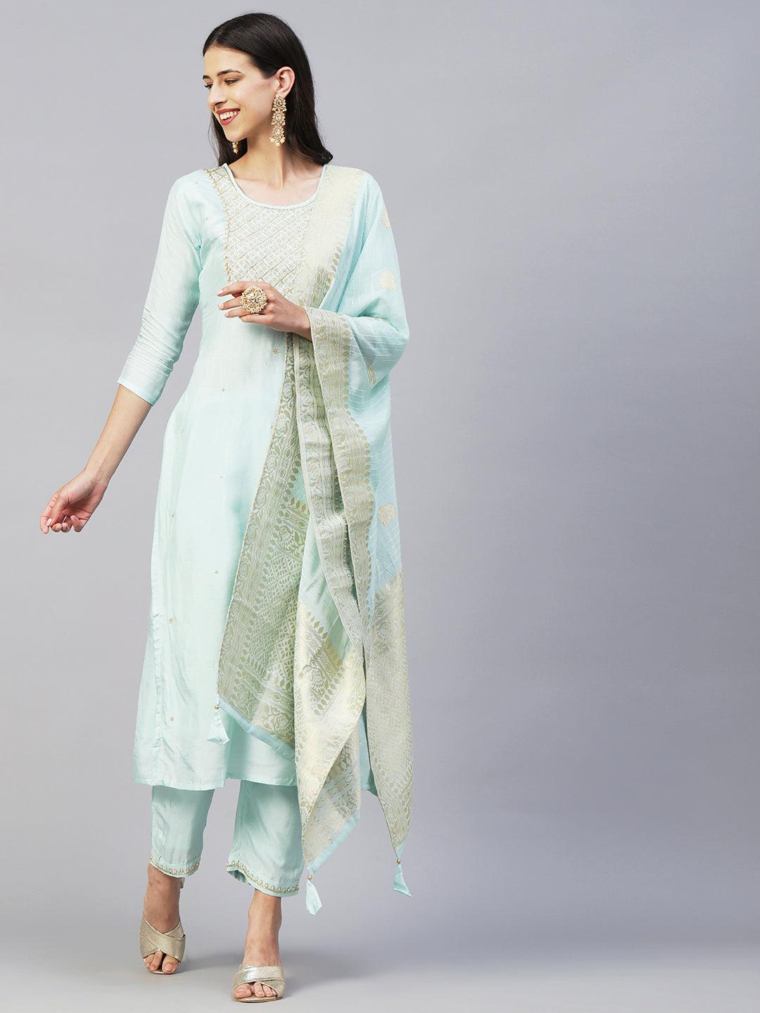 Solid Zardozi Embroidered Kurta With Pants & Jacquard Zari Dupatta - Pastel Sea Green - Indiakreations