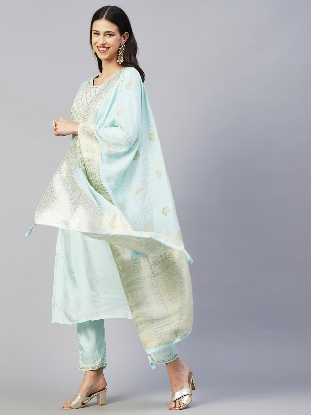 Solid Zardozi Embroidered Kurta With Pants & Jacquard Zari Dupatta - Pastel Sea Green - Indiakreations