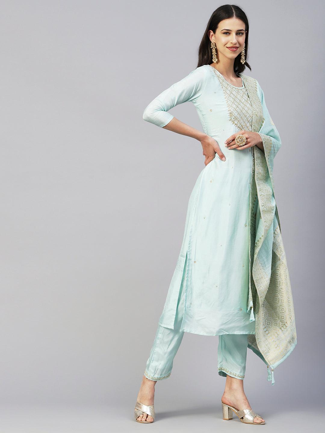 Solid Zardozi Embroidered Kurta With Pants & Jacquard Zari Dupatta - Pastel Sea Green - Indiakreations