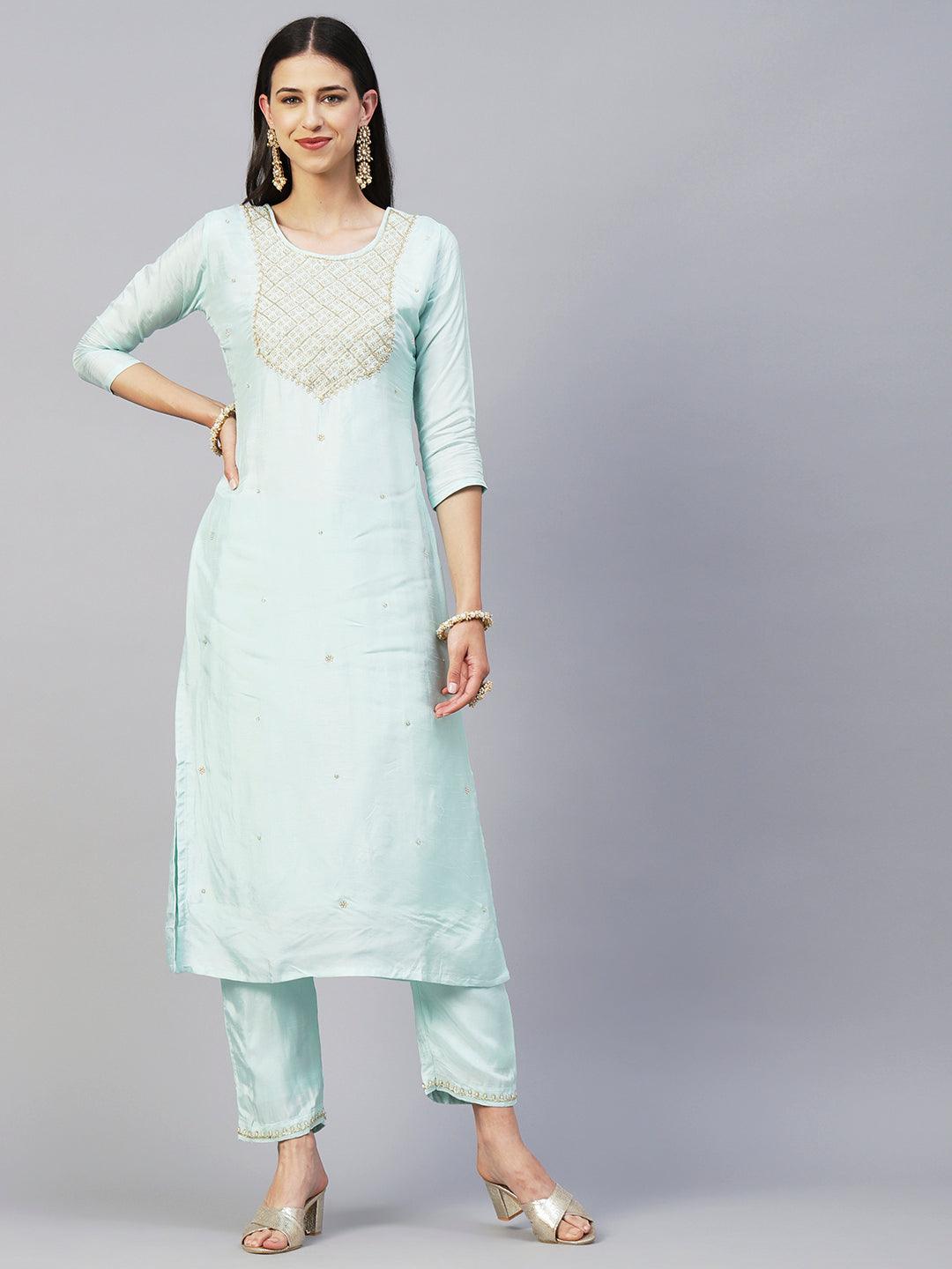 Solid Zardozi Embroidered Kurta With Pants & Jacquard Zari Dupatta - Pastel Sea Green - Indiakreations