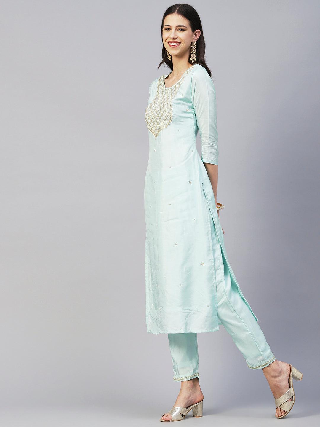 Solid Zardozi Embroidered Kurta With Pants & Jacquard Zari Dupatta - Pastel Sea Green - Indiakreations