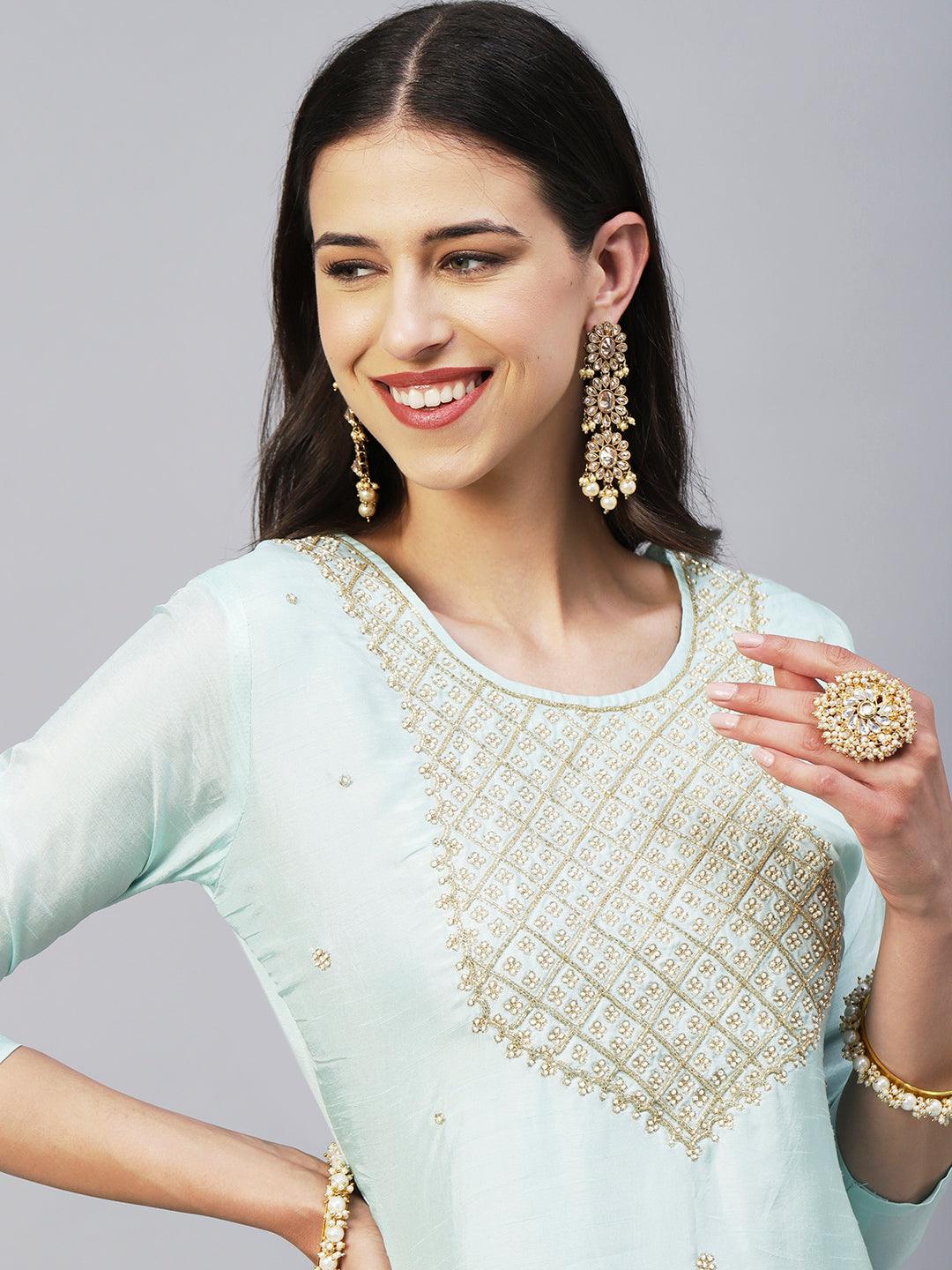 Solid Zardozi Embroidered Kurta With Pants & Jacquard Zari Dupatta - Pastel Sea Green - Indiakreations