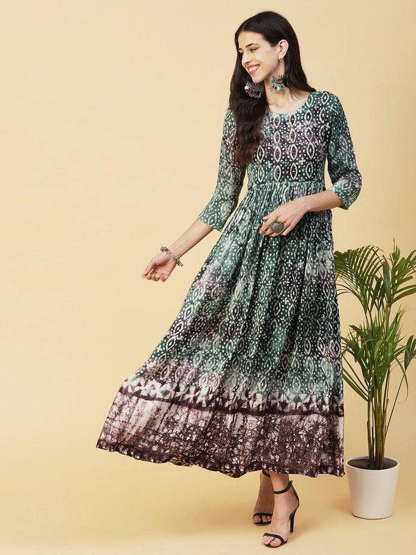 Batik Printed Mirror & Dabka Embroidered Maxi Dress - Green - Indiakreations