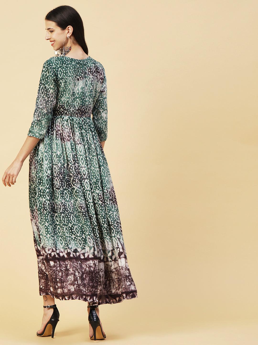 Batik Printed Mirror & Dabka Embroidered Maxi Dress - Green - Indiakreations