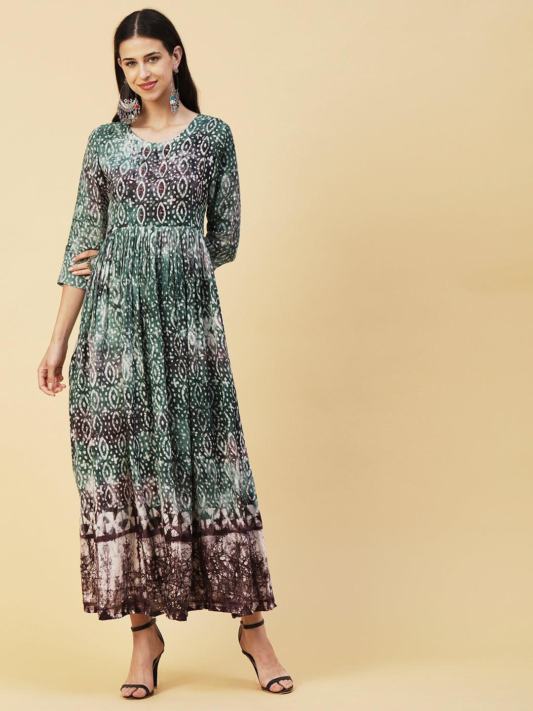 Batik Printed Mirror & Dabka Embroidered Maxi Dress - Green - Indiakreations