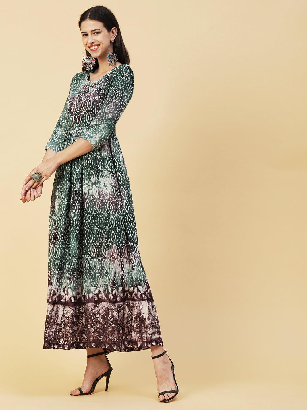 Batik Printed Mirror & Dabka Embroidered Maxi Dress - Green - Indiakreations