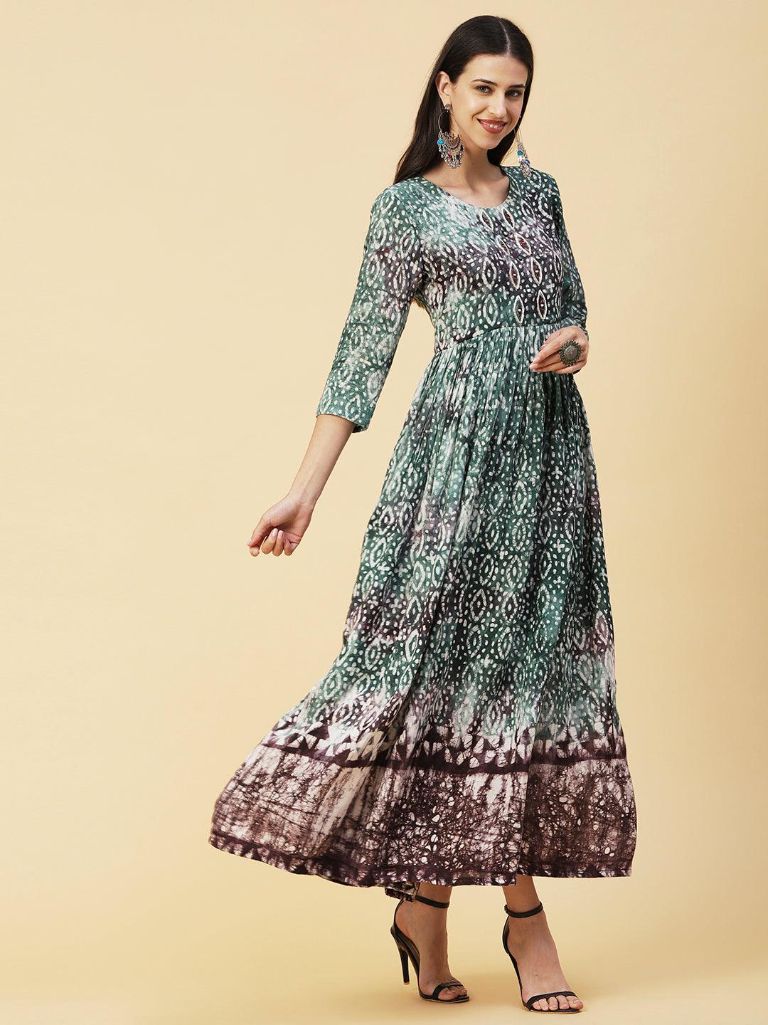 Batik Printed Mirror & Dabka Embroidered Maxi Dress - Green - Indiakreations