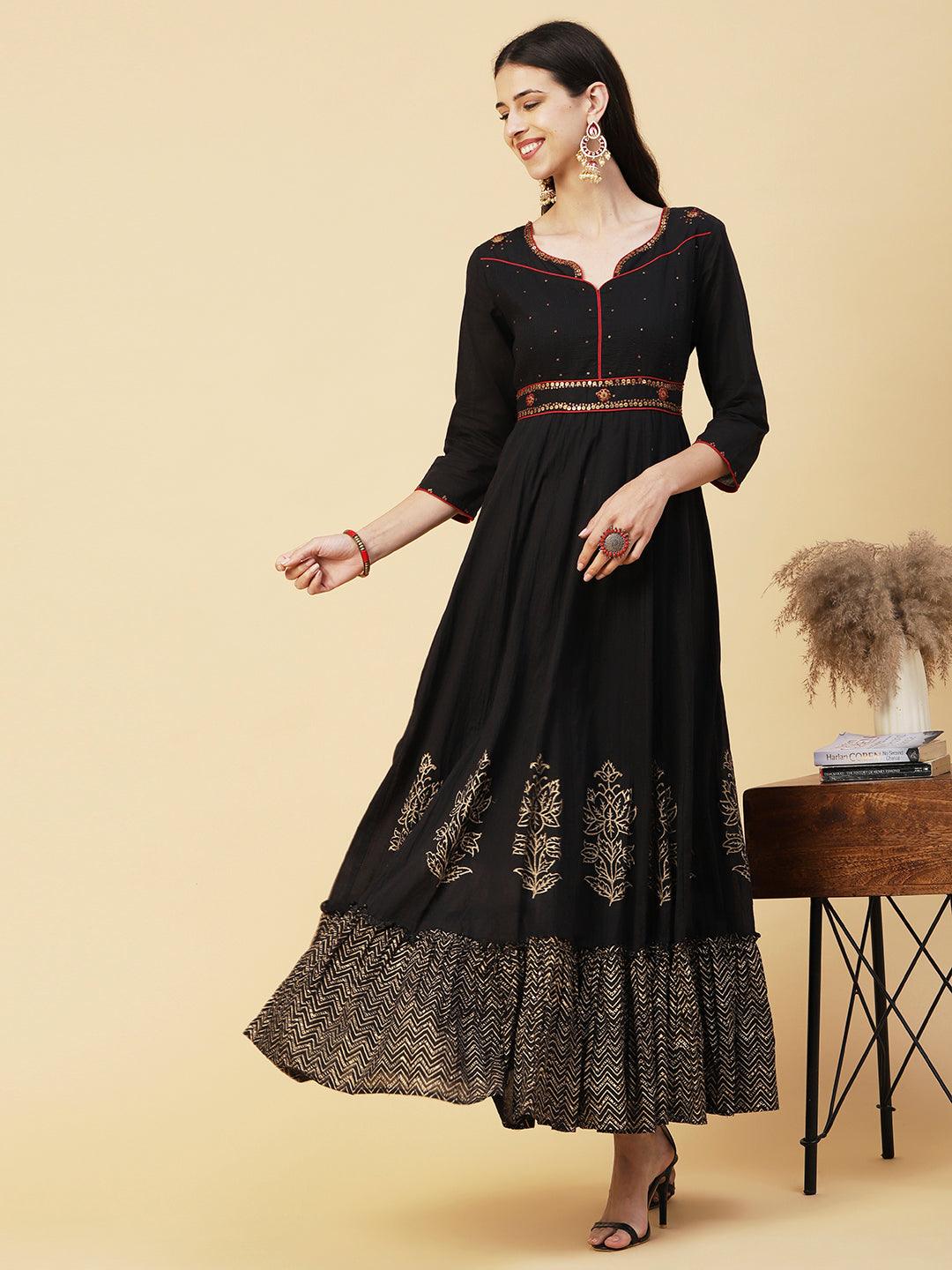 Khari Printed Metal Tikki & Resham Top Stitched Maxi Dress - Black - Indiakreations