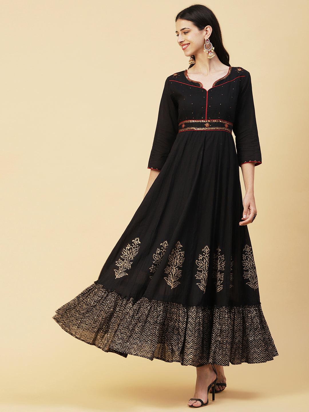 Khari Printed Metal Tikki & Resham Top Stitched Maxi Dress - Black - Indiakreations