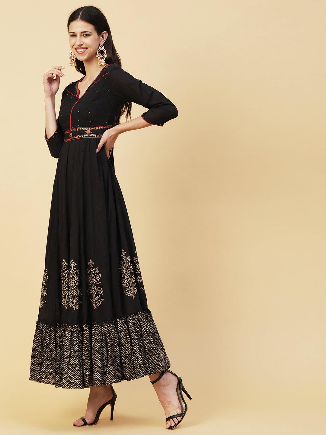 Khari Printed Metal Tikki & Resham Top Stitched Maxi Dress - Black - Indiakreations