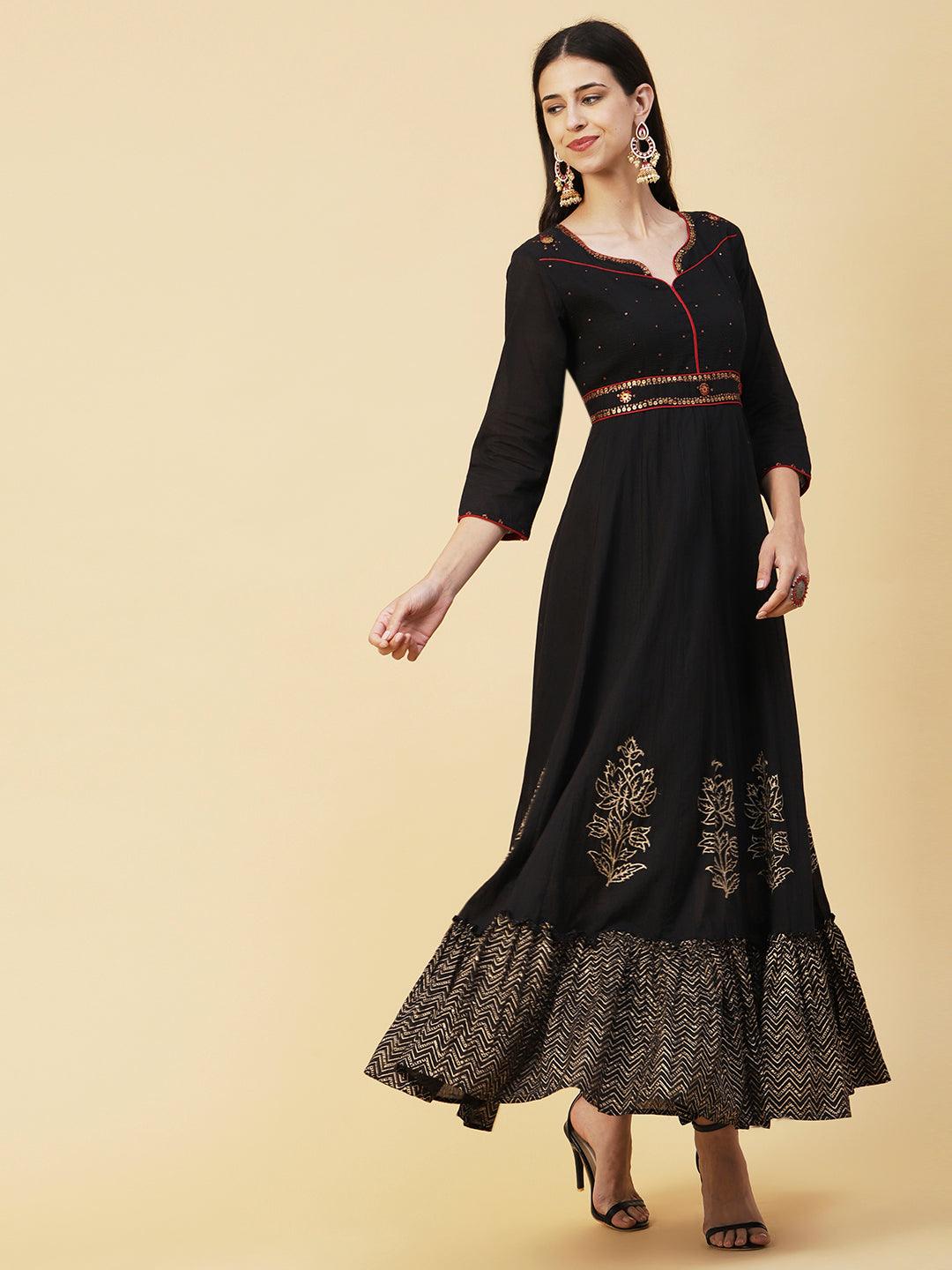 Khari Printed Metal Tikki & Resham Top Stitched Maxi Dress - Black - Indiakreations