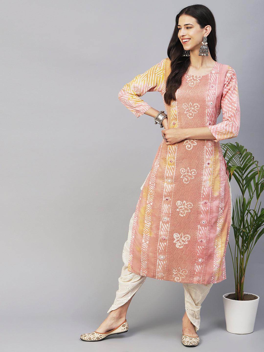 Batik Printed Mirror Embroidered Schiffili Kurta - Peach & Brown - Indiakreations