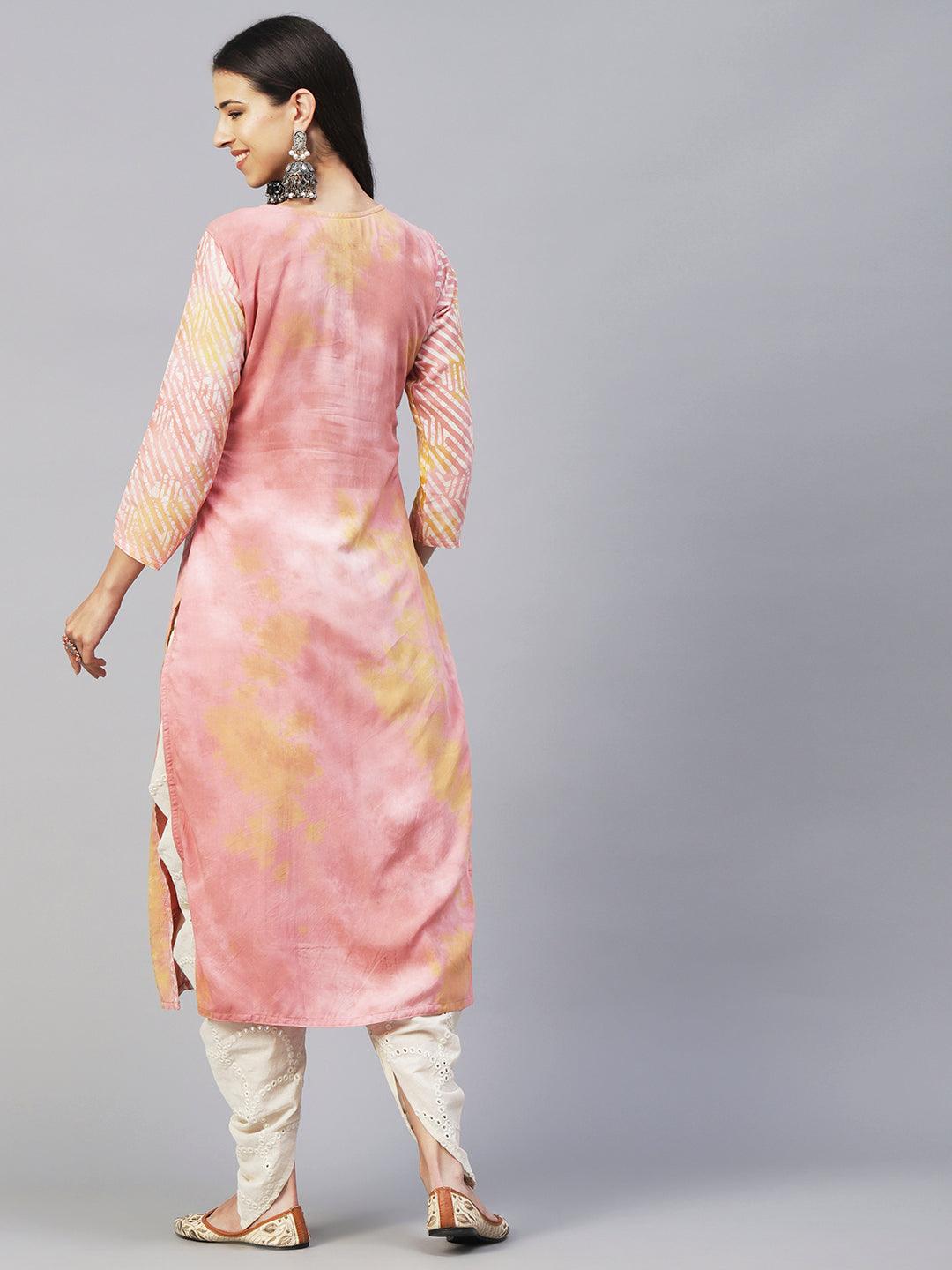 Batik Printed Mirror Embroidered Schiffili Kurta - Peach & Brown - Indiakreations