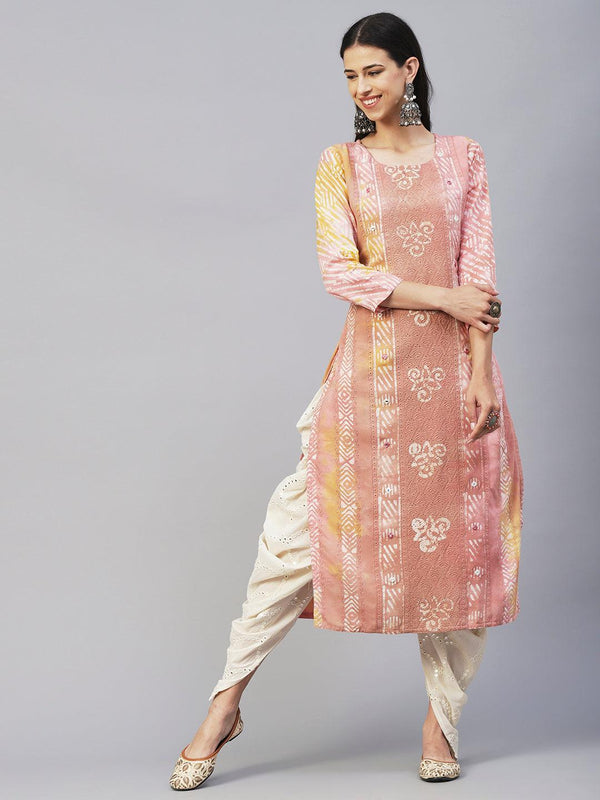 Batik Printed Mirror Embroidered Schiffili Kurta - Peach & Brown - Indiakreations