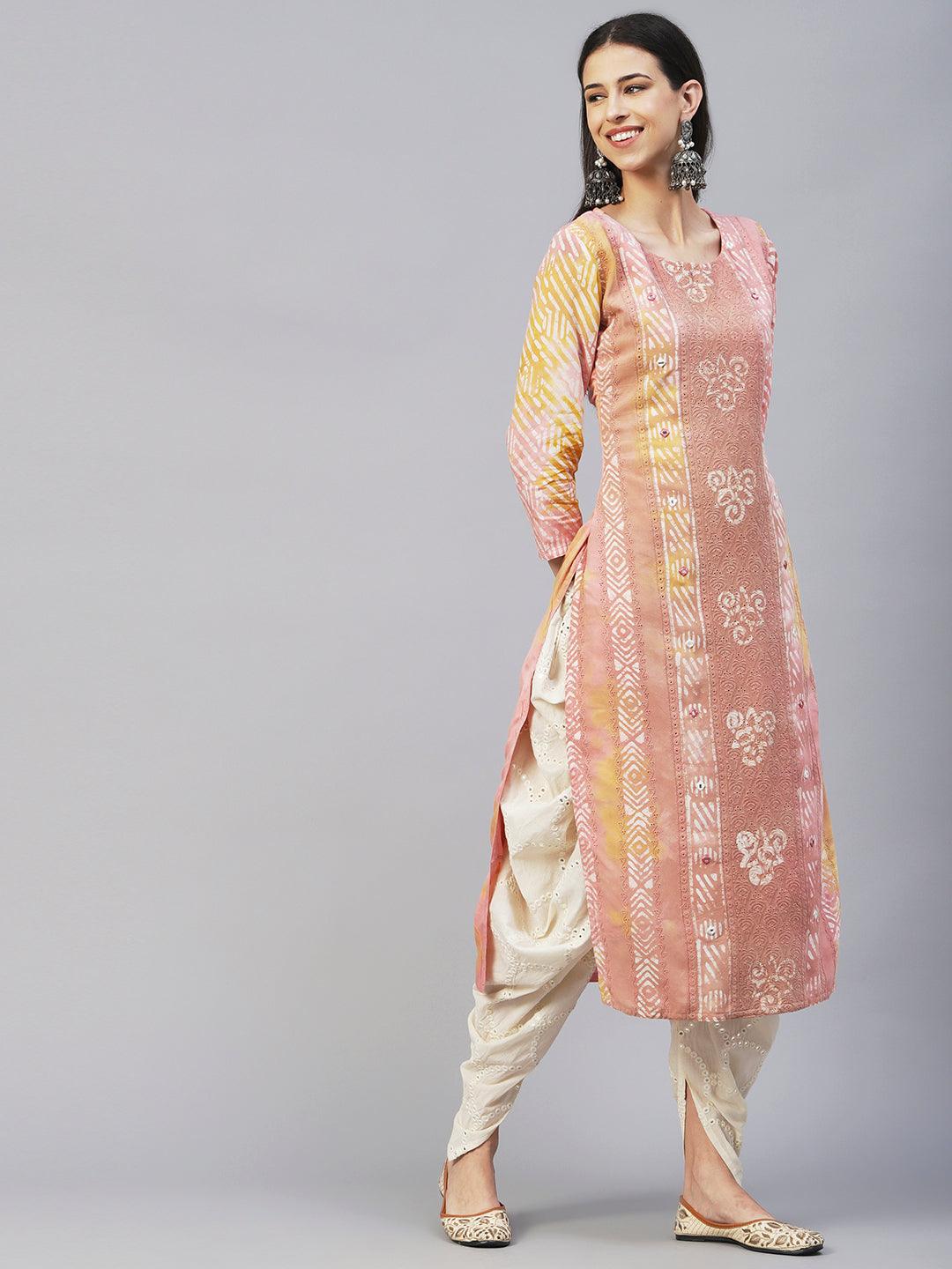 Batik Printed Mirror Embroidered Schiffili Kurta - Peach & Brown - Indiakreations