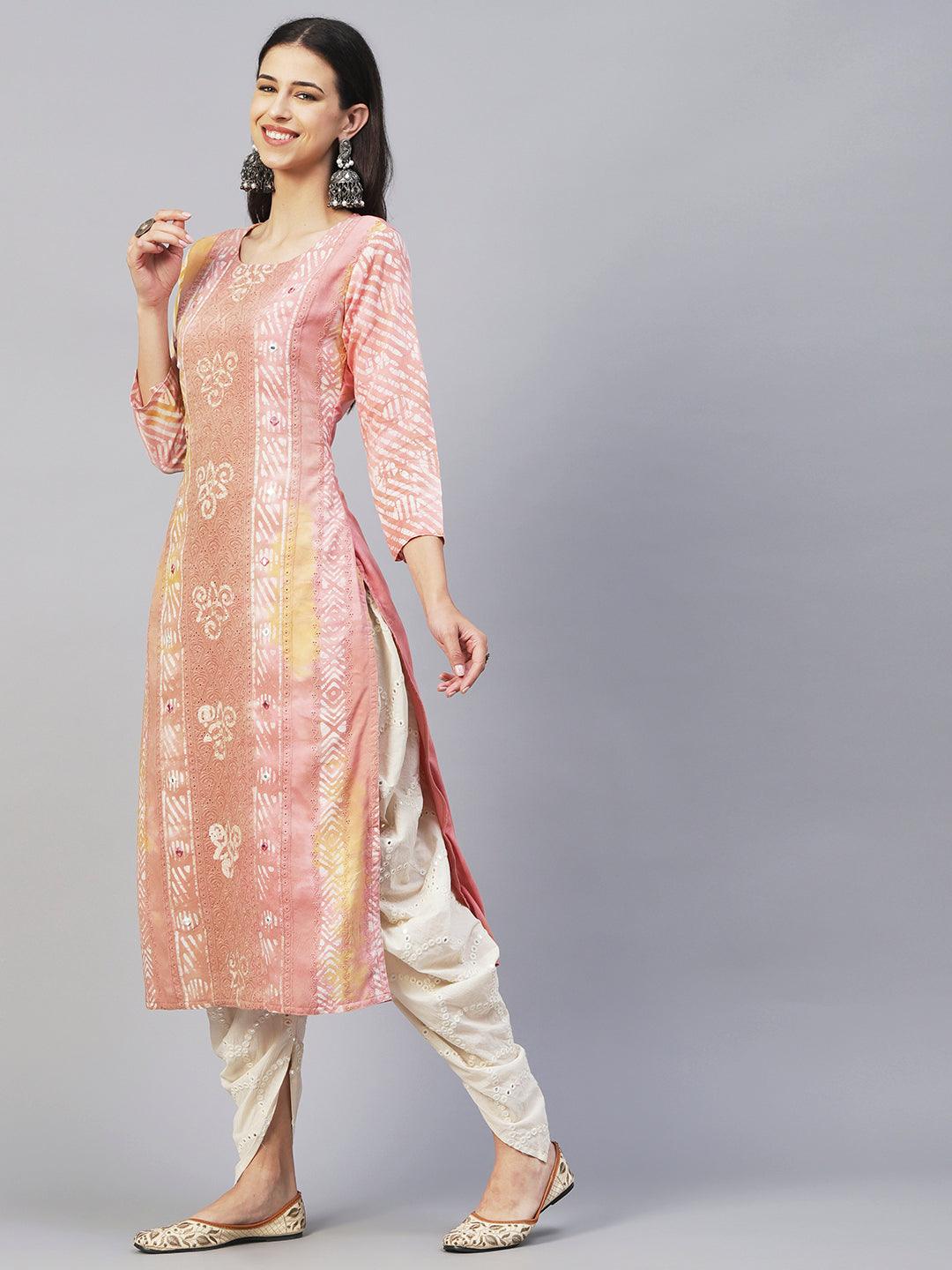 Batik Printed Mirror Embroidered Schiffili Kurta - Peach & Brown - Indiakreations