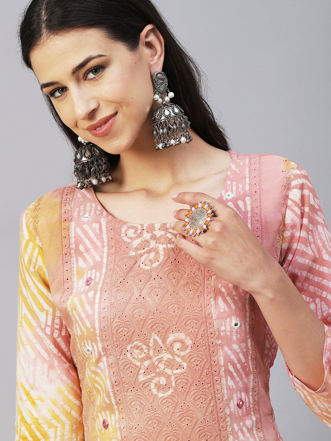 Batik Printed Mirror Embroidered Schiffili Kurta - Peach & Brown - Indiakreations