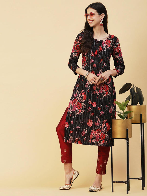 Floral Printed Woven Lurex Striped Pin-Tucks kurta - Black - Indiakreations