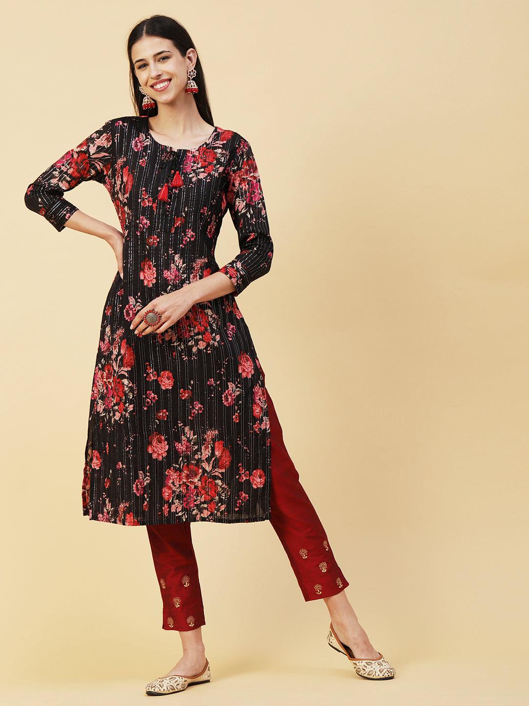 Floral Printed Woven Lurex Striped Pin-Tucks kurta - Black - Indiakreations