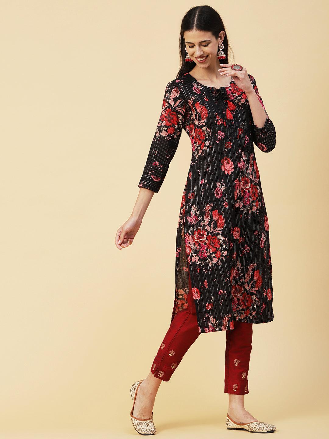 Floral Printed Woven Lurex Striped Pin-Tucks kurta - Black - Indiakreations