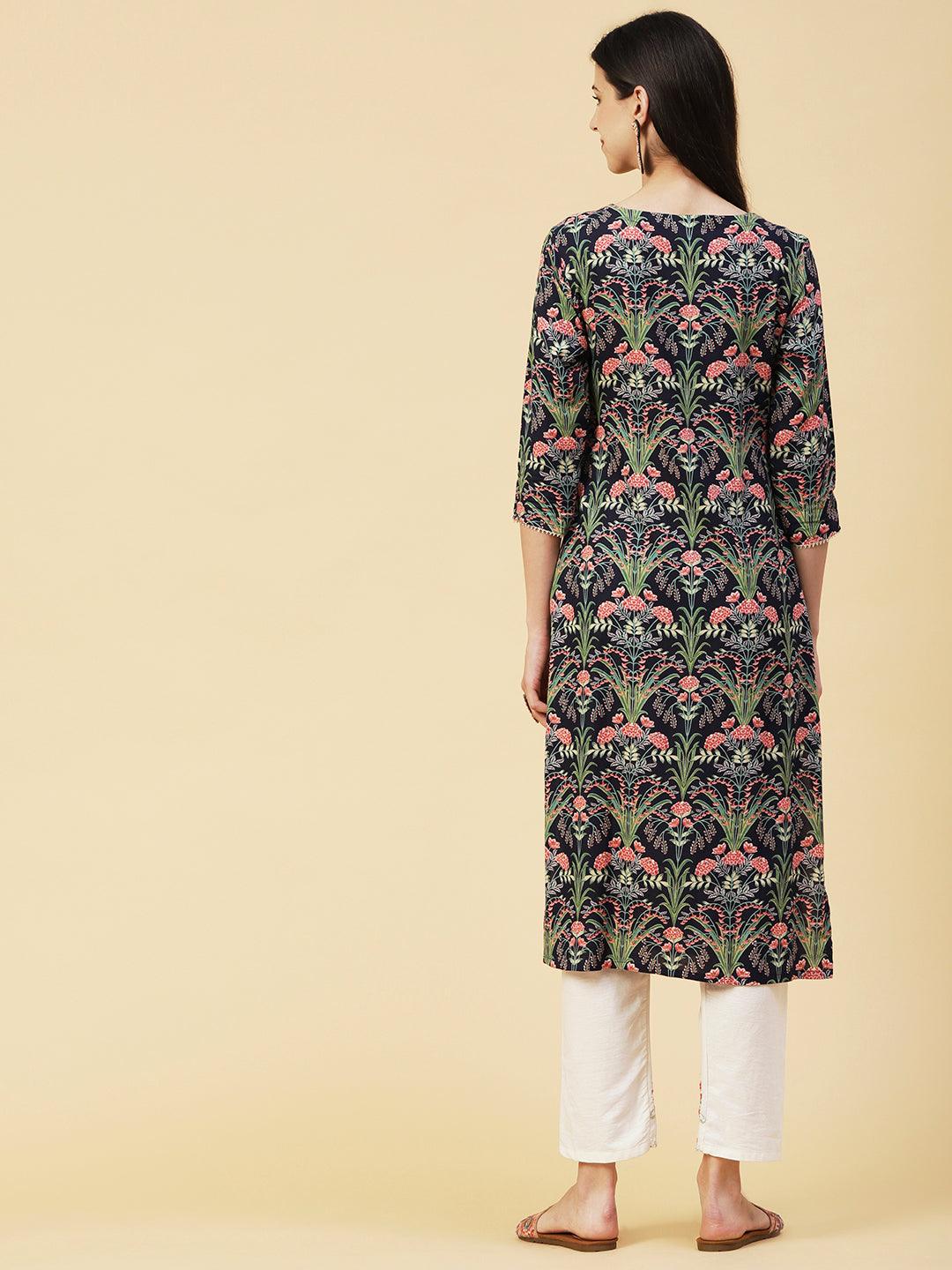 Floral Printed Fringed Tasseled & Gota Temple Lace Ornamented Kurta - Navy Blue - Indiakreations