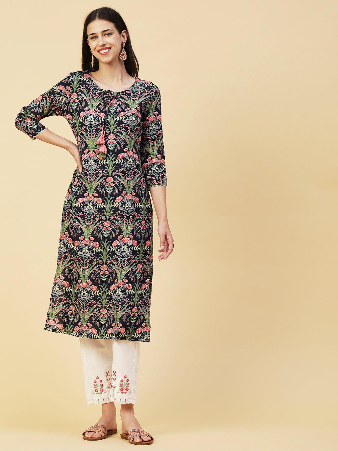 Floral Printed Fringed Tasseled & Gota Temple Lace Ornamented Kurta - Navy Blue - Indiakreations