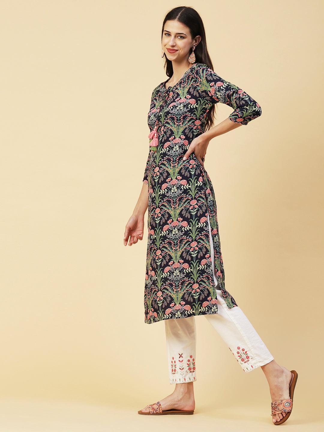 Floral Printed Fringed Tasseled & Gota Temple Lace Ornamented Kurta - Navy Blue - Indiakreations