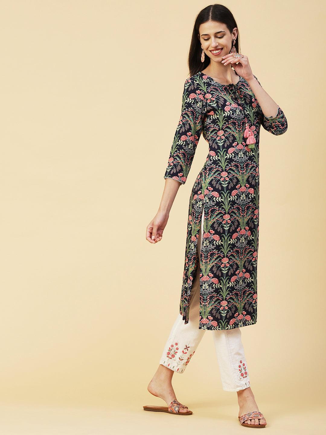 Floral Printed Fringed Tasseled & Gota Temple Lace Ornamented Kurta - Navy Blue - Indiakreations