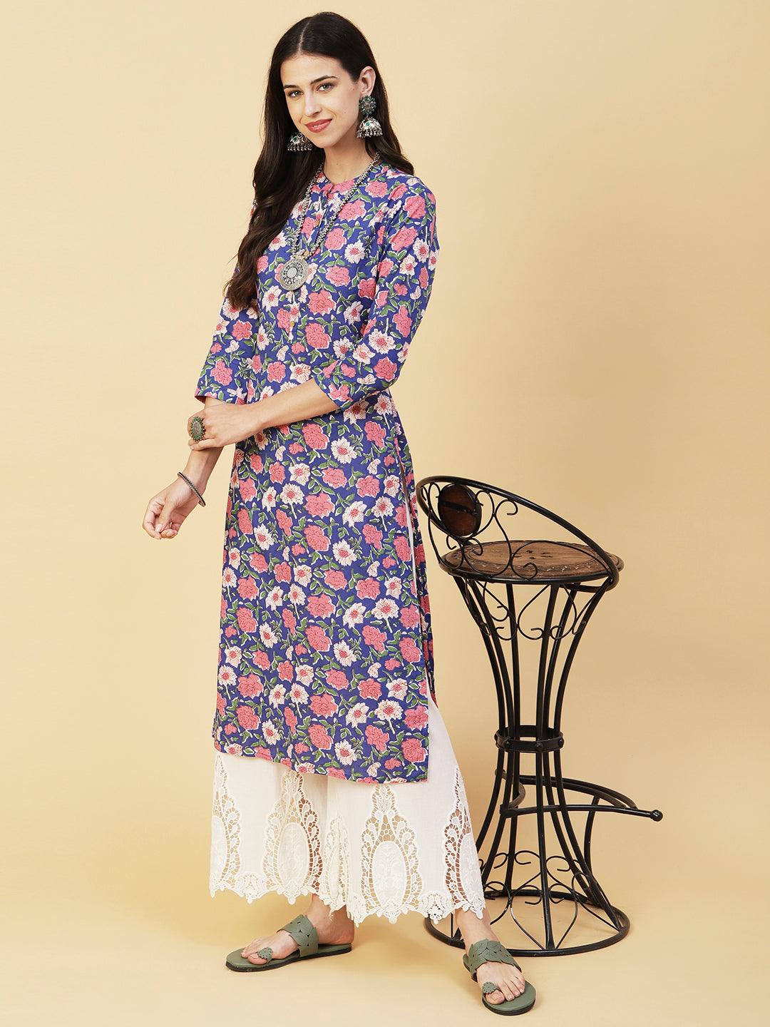 Floral Block Printed Wooden Buttoned Kurta - Blue - Indiakreations