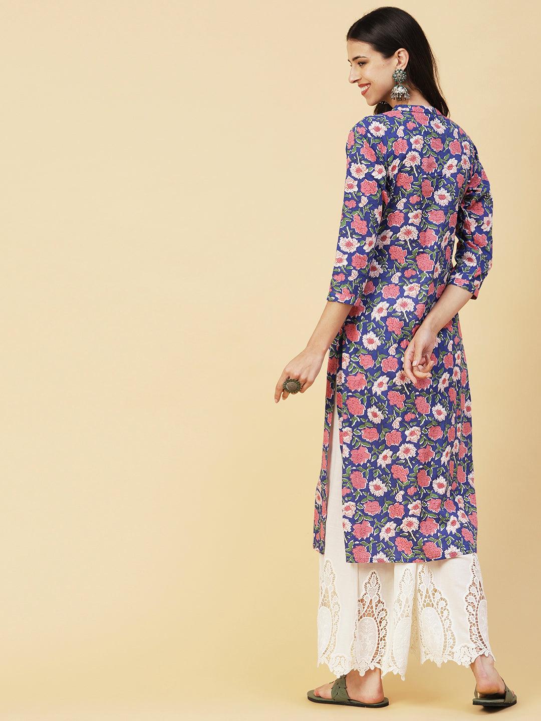 Floral Block Printed Wooden Buttoned Kurta - Blue - Indiakreations