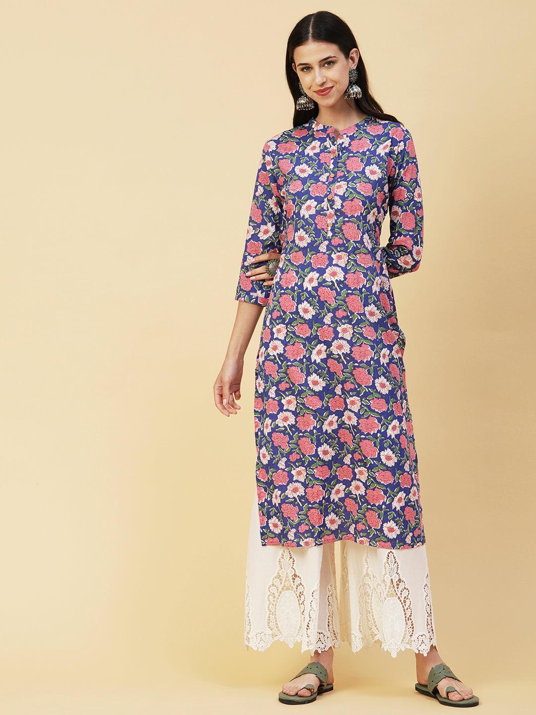 Floral Block Printed Wooden Buttoned Kurta - Blue - Indiakreations