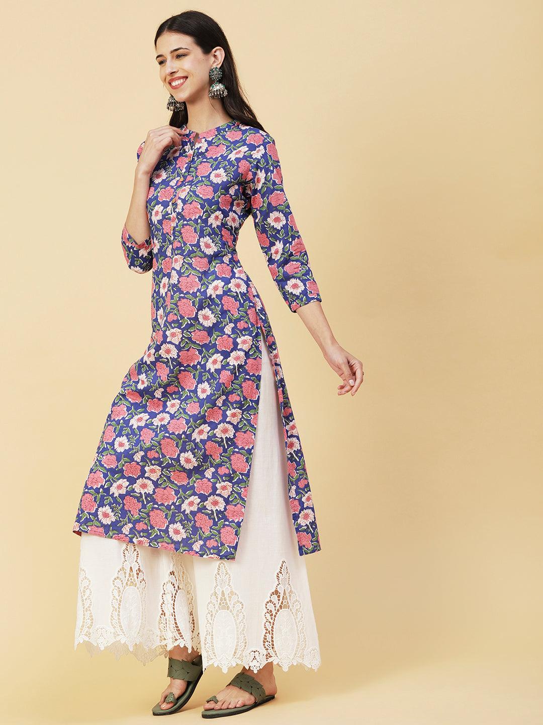 Floral Block Printed Wooden Buttoned Kurta - Blue - Indiakreations