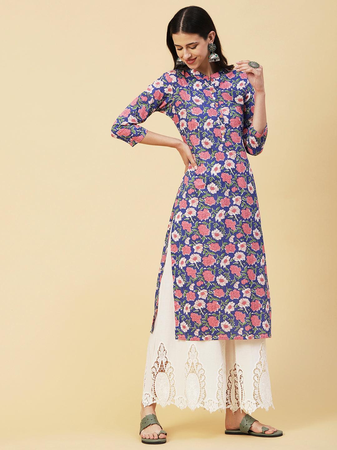 Floral Block Printed Wooden Buttoned Kurta - Blue - Indiakreations