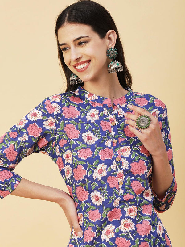 Floral Block Printed Wooden Buttoned Kurta - Blue - Indiakreations